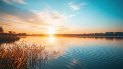 Fototapeta premium A serene sunset over a calm lake, with golden reeds