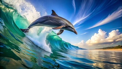 Candid shots reveal dolphins surfing waves, embodying nature's delight in motion as they harmoniously ride the water's crest, showcasing their playful spirit and freedom.
