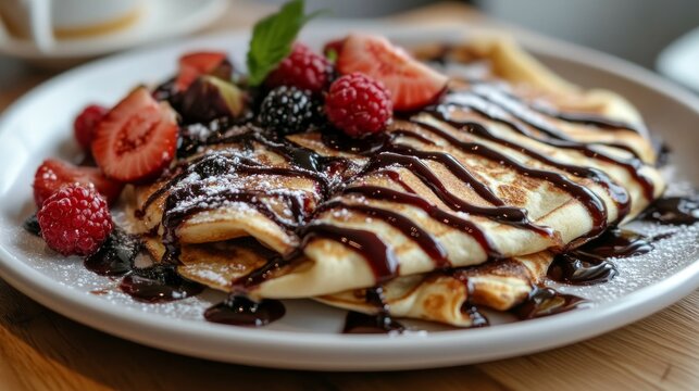 Un plato de crepas cubiertas con salsa de chocolate y frutas frescas como fresas, moras y frambuesas.

