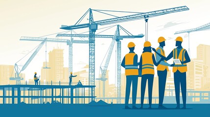 Diverse construction team reviewing plans on digital tablet at building site