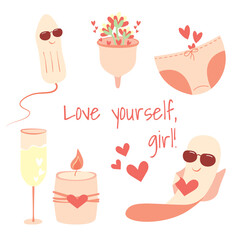 Vector menstruation elements, cute period illustration. Tampon, pad, menstrual cup, briefs, candle and champagne glass.