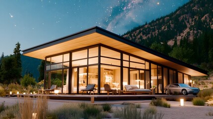 Obraz premium A modern house with large windows, surrounded by nature, featuring warm lighting under a starry night sky and mountains in the background.