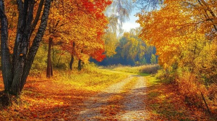 Naklejka premium Colorful autumn foliage under warm sunlight.