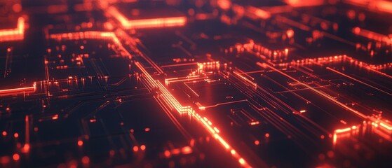 Fototapeta premium Abstract red glowing circuit board with digital lines.