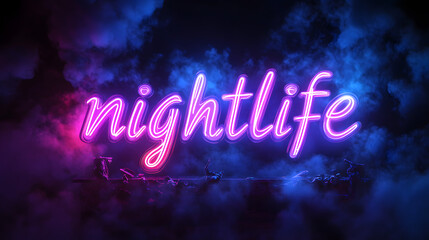 Vibrant Liquid 3D Font Nightlife Glowing in Colorful Neon Light Against Misty Background