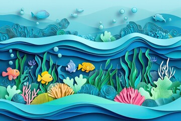 Paper Cutout Illustration of an Underwater Scene with Colorful Fish and Coral