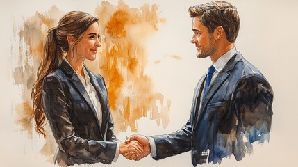 Professional business partners shaking hands in watercolor painting
