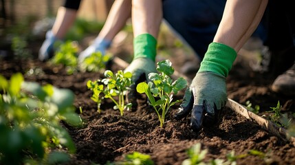 Fototapeta premium Gardeners work diligently, planting and harvesting vegetables from their own backyards. With gloved hands, they meticulously prepare the soil to nurture the young seedlings. 