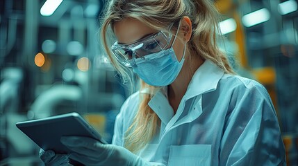 Female technician in protective gear using tablet in industrial setting