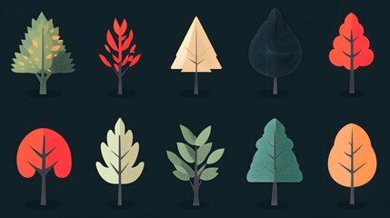 Obraz premium Collection of Stylized Trees with Various Colors and Shapes