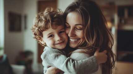 A joyful mother and child share a warm embrace, radiating love and happiness in a cozy indoor setting.