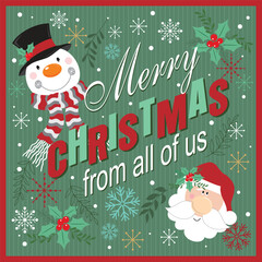 Christmas card design with santa  snowman and lettering