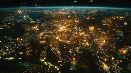 A vibrant aerial view of a cityscape illuminated at night, showcasing technology and connectivity.