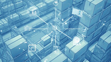 Futuristic digital warehouse with technology and connectivity visualization