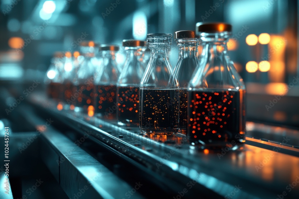 Poster a dynamic industrial scene of a production line with several transparent bottles filled with dark