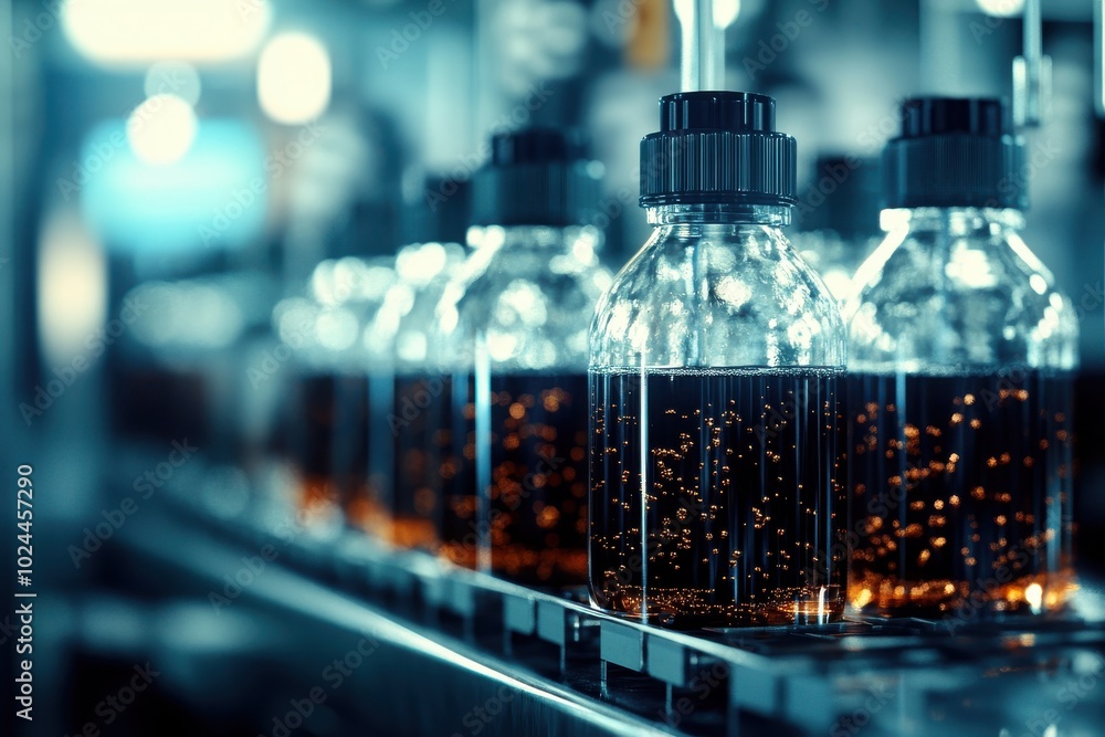 Poster a dynamic industrial scene of a production line with several transparent bottles filled with dark