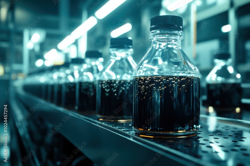 Poster a dynamic industrial scene of a production line with several transparent bottles filled with dark