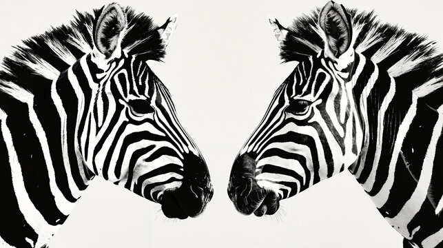 Two zebras are facing each other with their heads close together
