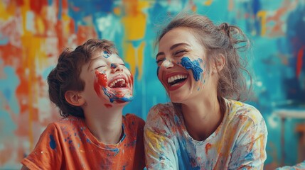 Obraz premium A joyful moment between a mother and child, both covered in colorful paint, laughing amidst a vibrant, abstract background.