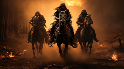 A group of people riding horses in the middle of a forest