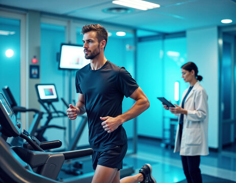 A man running on a treadmill during a fitness test while a doctor monitors his progress, representing health, fitness, and medical evaluation in a modern clinical setting..
