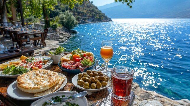 Una mesa con un almuerzo abundante de ensaladas, aceitunas y panes, junto al mar bajo el sol brillante.

