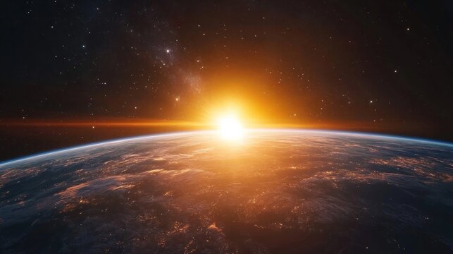 A stunning view of the Earth from space, with the sun rising over