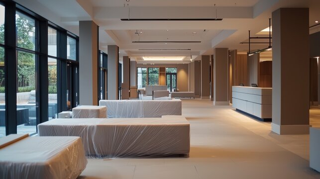Modern lobby space with wrapped furniture awaiting completion