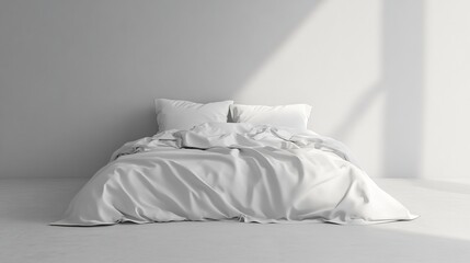 Mockup of empty bedding items. Front view of bed linen on a white bed against a gray wall. Pillows, duvet, and bed sheet in an empty room. Clipping path included. 