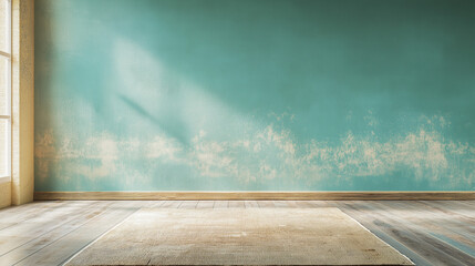 Natural light floods a serene room featuring a soothing blue wall and a textured rug, creating an inviting atmosphere for psychological health activities, copy space