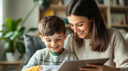 A mother and son share a joyful moment while looking at a tablet together, surrounded by a cozy home environment.