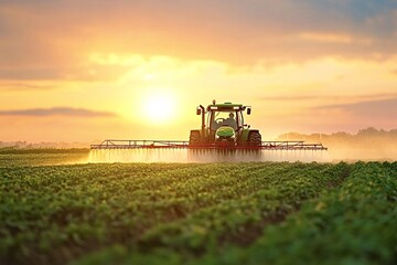 Fototapeta premium Farmer is driving a tractor spraying crops in a field with a beautiful sunset in the background. The image evokes concepts such as agriculture, farming, and food production