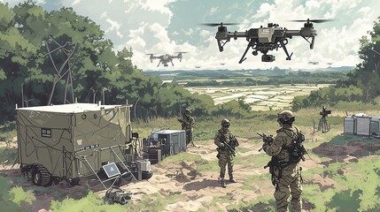 Military base with soldiers and surveillance drones in operation