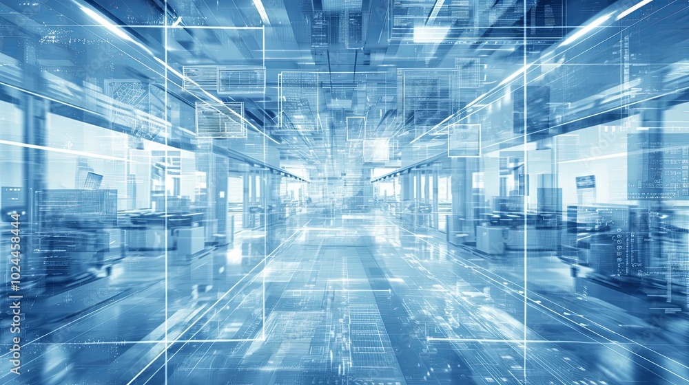 Poster futuristic factory with digital interface and blurred motion effect
