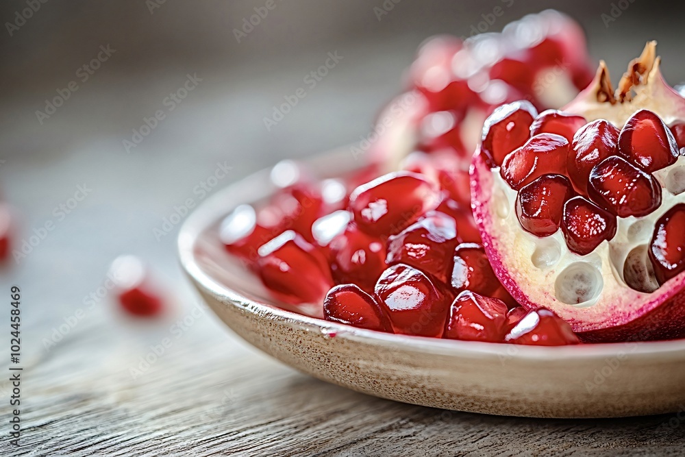 Poster juicy red pomegranate seeds are overflowing a bowl, creating a vibrant and tempting display. the foc
