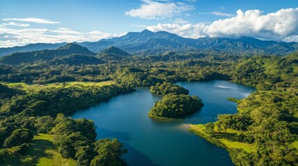 Fototapeta premium Aerial shot of Costa Rican mountains and lagoon