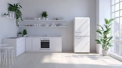 Modern apartment for sale with recently renovated white interiors. Includes white furniture with appliances, shelves with plants and plates, a refrigerator in a minimalist dining room,