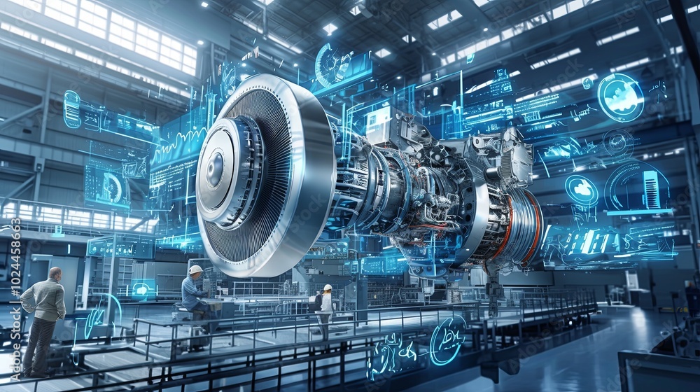 Poster engineers discussing a futuristic industrial machine with digital interface