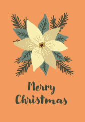 Merry Christmas Postcard. White poinsettia flower. Winter plant on orange background. Christmas floral illustration.