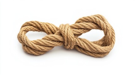 Obraz premium Natural, biodegradable jute rope tied in a secure knot or loop against a pristine white backdrop, showcasing its rustic charm and practical用途。 