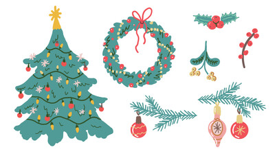 Set of hand drawn Christmas elements. Illustration of decorated tree, wreath, holly leaves, mistletoe, berries, and vintage baubles.