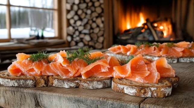 Varias tostas de pan con salm&oacute;n ahumado decoradas con eneldo, servidas frente a una chimenea en invierno.

