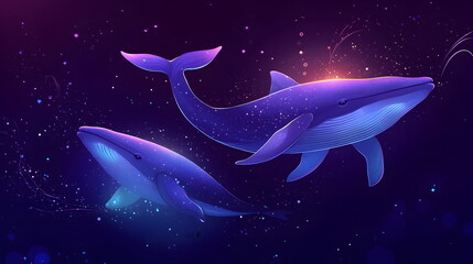 Celestial Whale: A luminous blue whale glides through a starry night sky, its body shimmering with cosmic energy, a captivating blend of fantasy and wonder. 