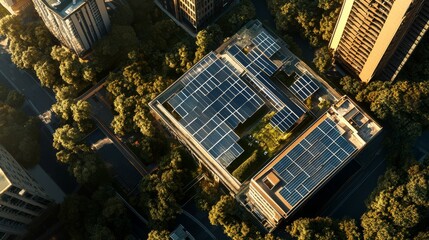 Fototapeta premium Aerial view of a modern building with solar panels, surrounded by trees in an urban environment, highlighting sustainability and architectural design.