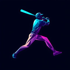 Baseball Player in Neon Lights:  A dynamic, low-poly illustration of a baseball player swinging for the fences, bathed in vibrant neon colors.