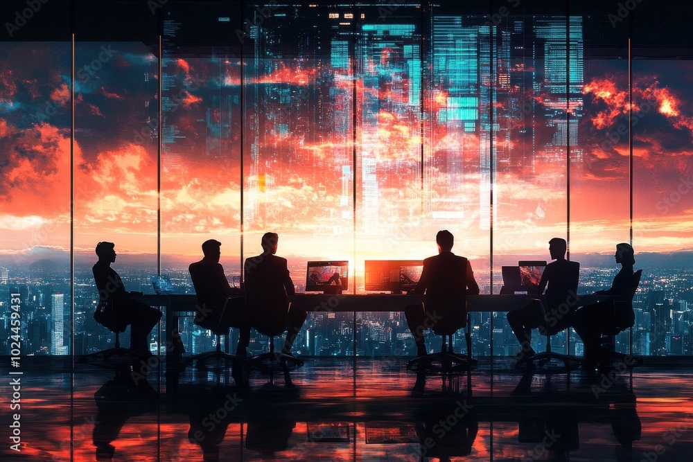 Wall mural a futuristic office setting with silhouettes of businesspeople seated at a conference table