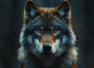 Close-Up Portrait of a Majestic Wolf with Piercing Eyes in the Shadows of an Enchanted Forest

