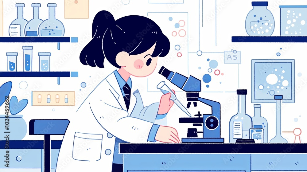 Poster illustration of a scientist working in a laboratory with a microscope
