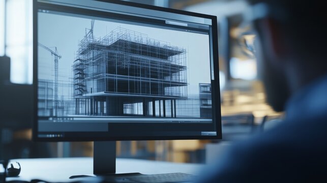A person views a digital architectural model of a building under construction on a computer screen in an office setting.