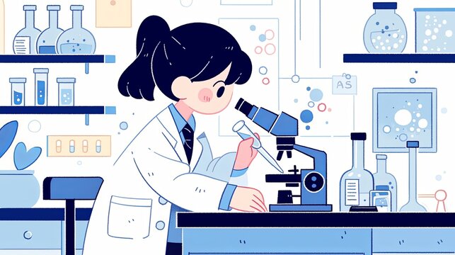 Illustration of a scientist working in a laboratory with a microscope